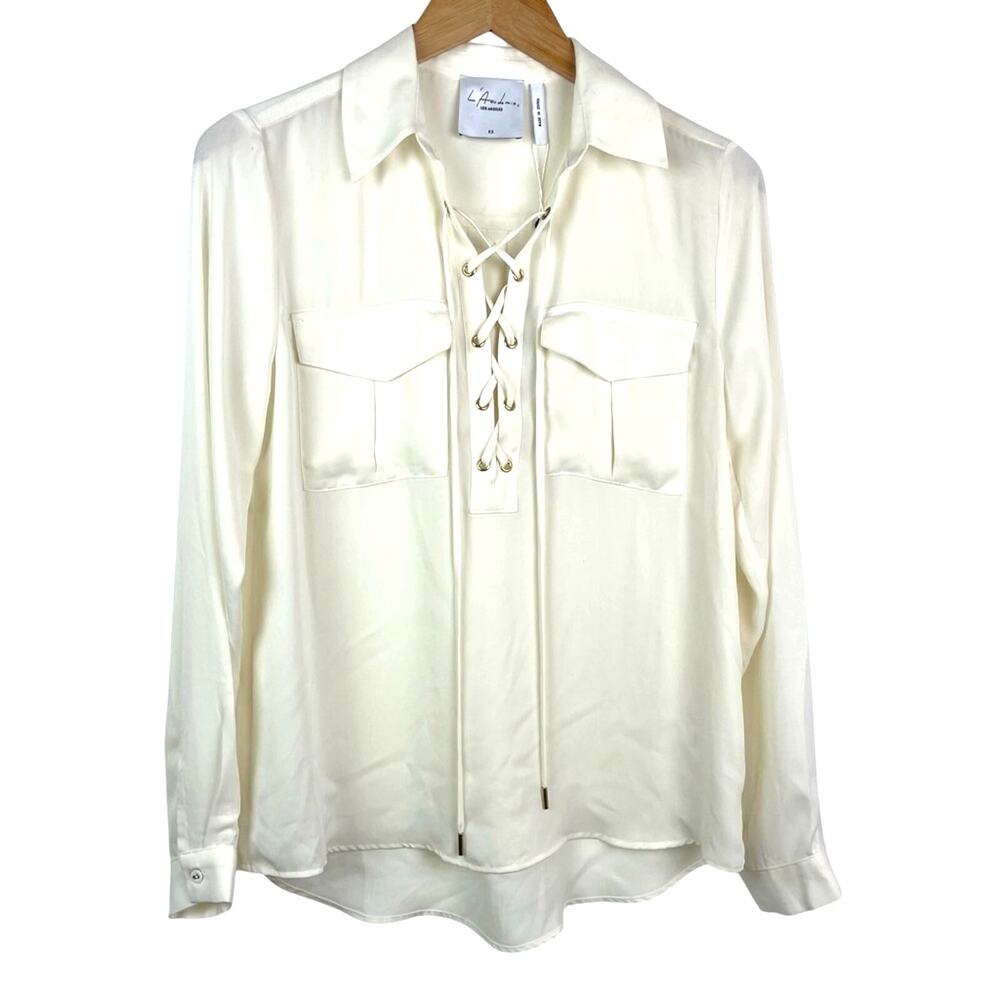 Cream White Long Sleeve Lace Up Top Satiny